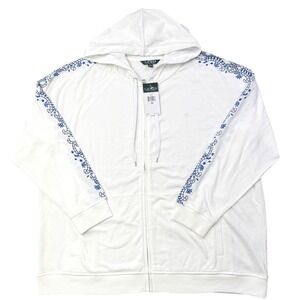 Lauren Ralph Lauren Womens 2X White Blue Embroidered Zip Hoodie Plus NWT